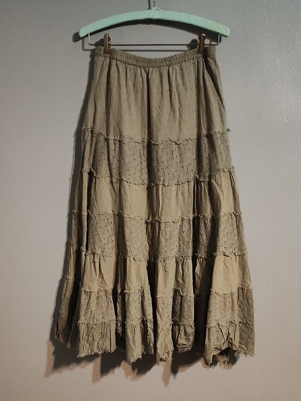 Solitaire Boho Tiered Eyelet Midi Skirt in Olive